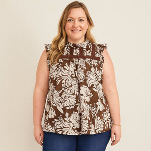 Women's Lane Bryant Brown White Floral Ruffle Sleeve Blouse Size 16